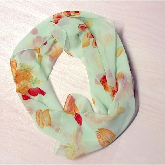 Vintage polyester aqua sheer chiffon fruit print scarf 15” x 64” - Picture 2 of 5
